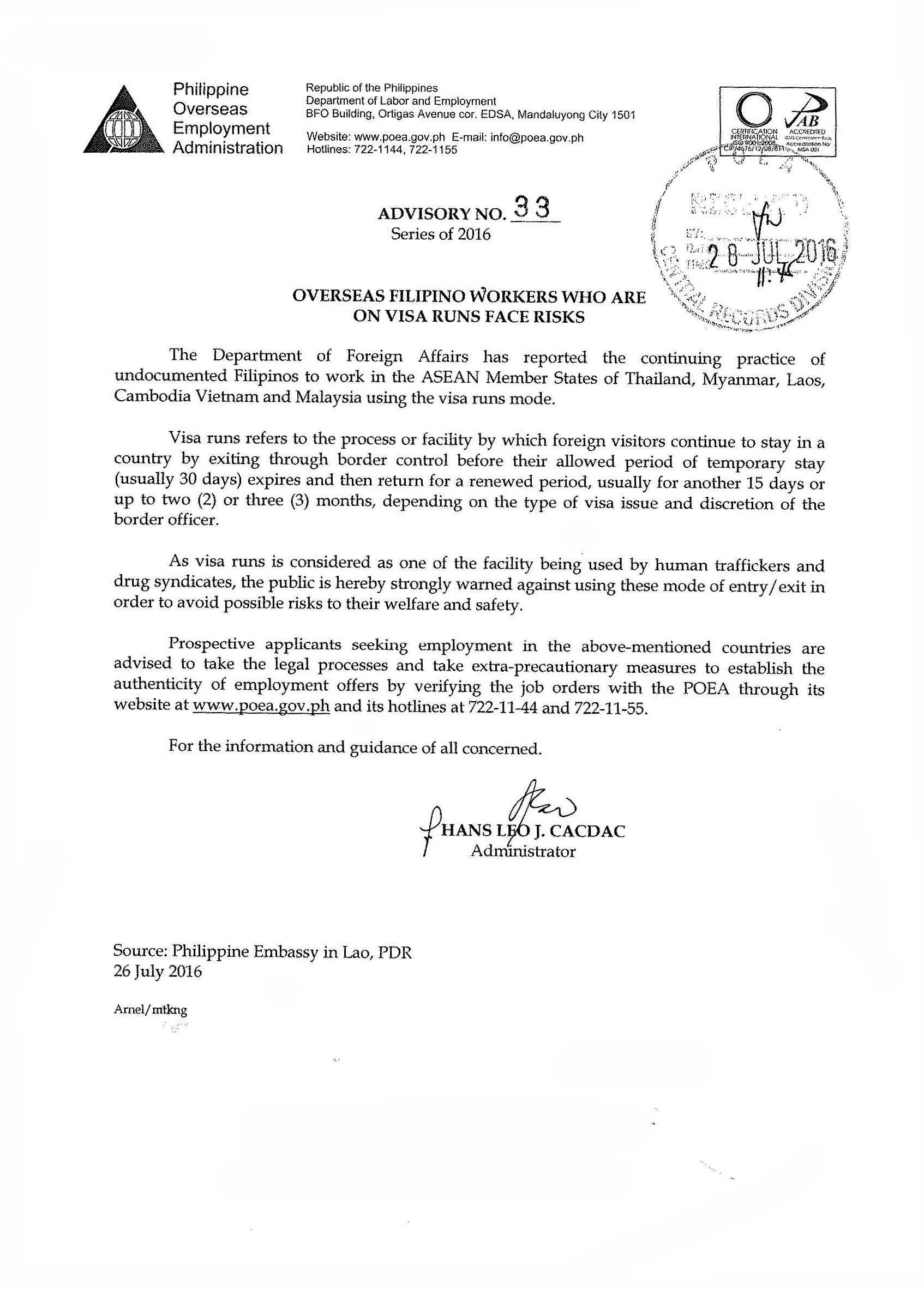 POEA Advisory no. 33 Warning Against Use of Visa Runs