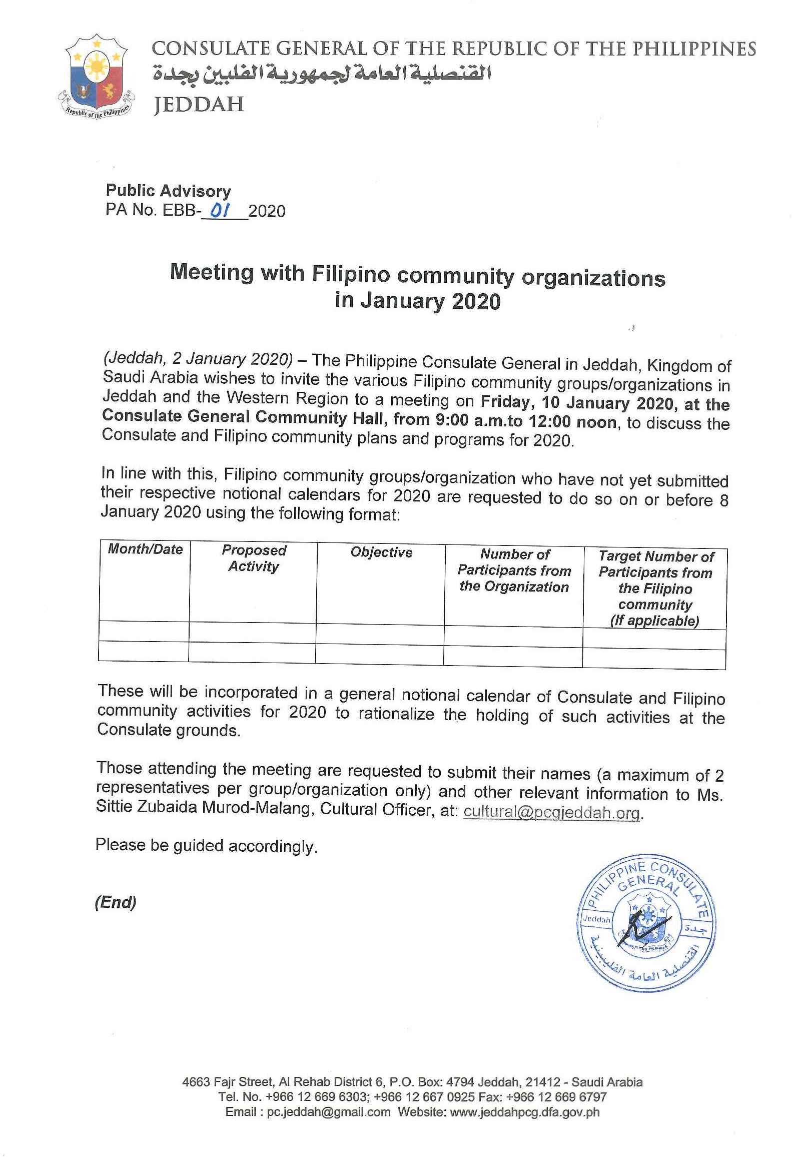 Public Advisory No. 01 2020 meeting with filipino community organizations in jan 2020