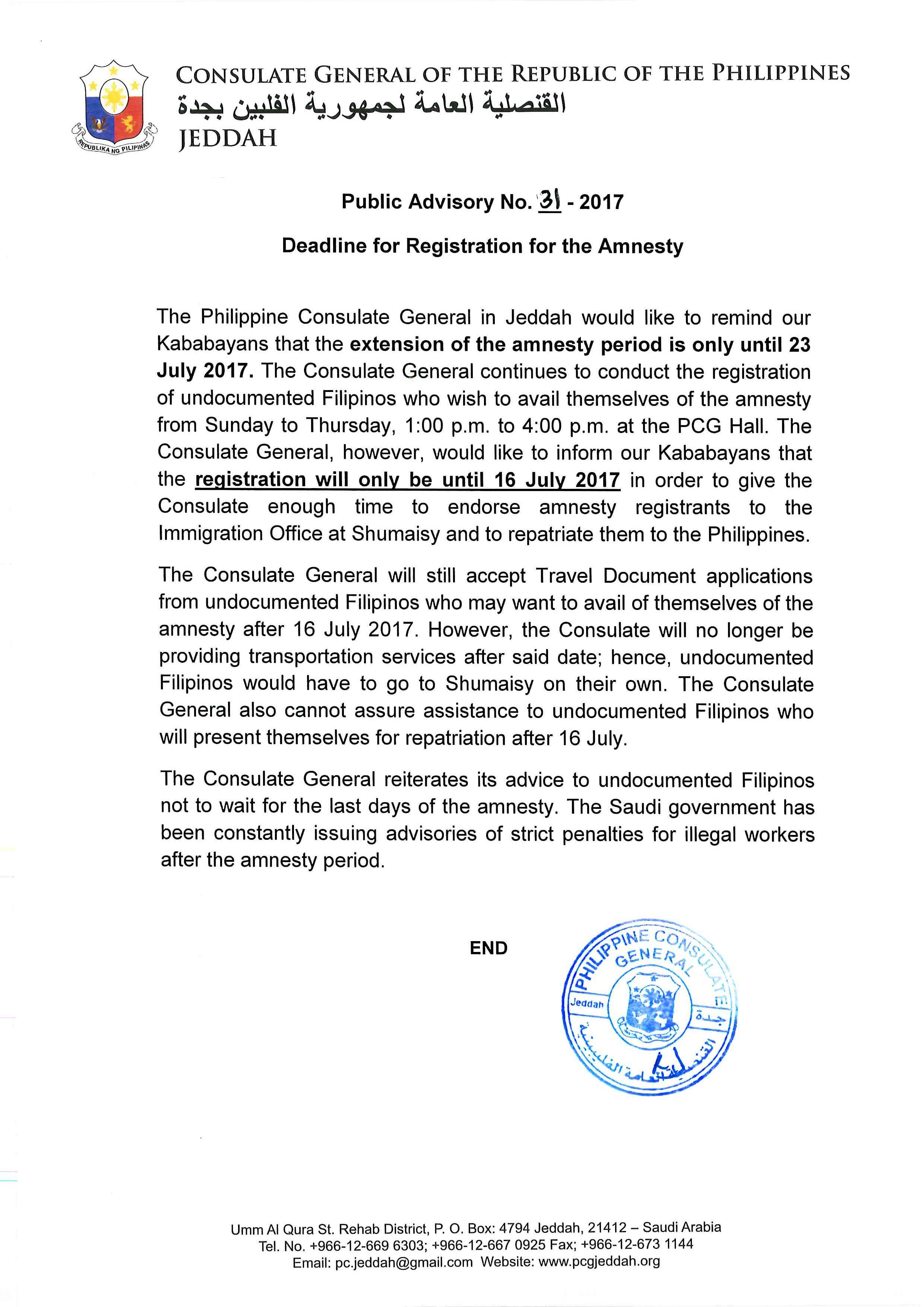 Public Advisory No. 31 2017 Deadline for Registration for the Amnesty