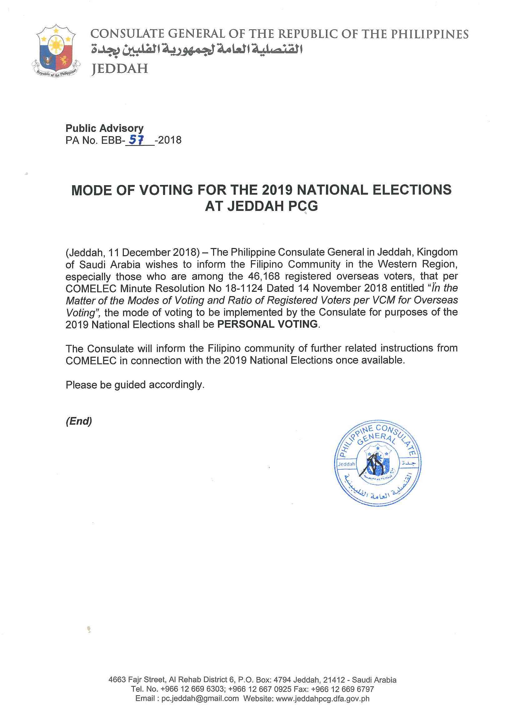 Public Advisory No. 57 2018 Mode of Voting