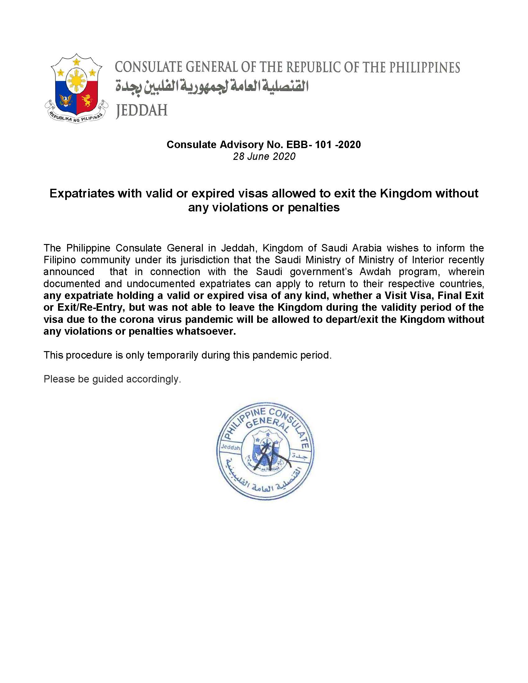 Public Advisory No. EBB 101 2020 visa issues