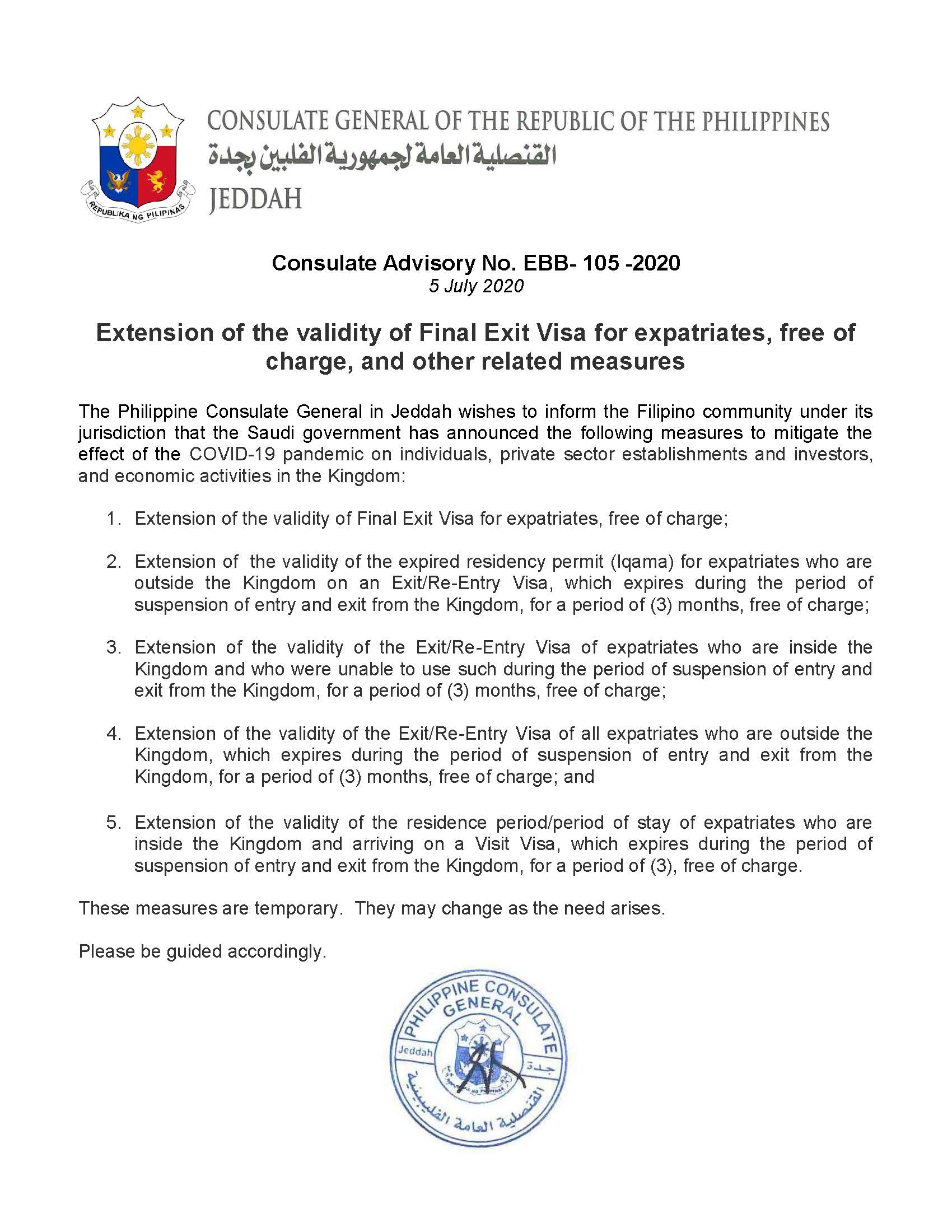 Public Advisory No. EBB 105 2020 Visa Extension