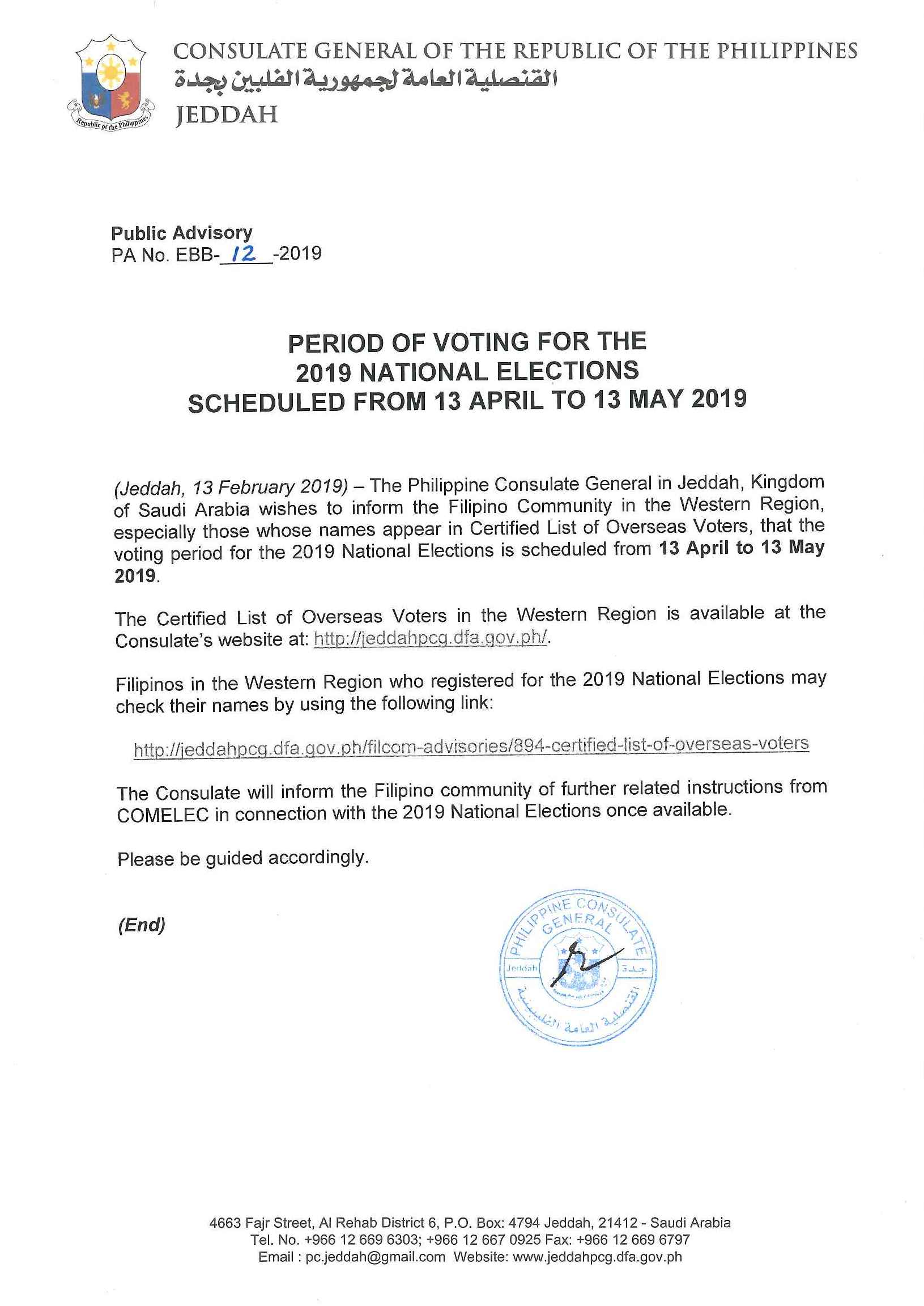 Public Advisory No. EBB 12 2019 2019 national elections