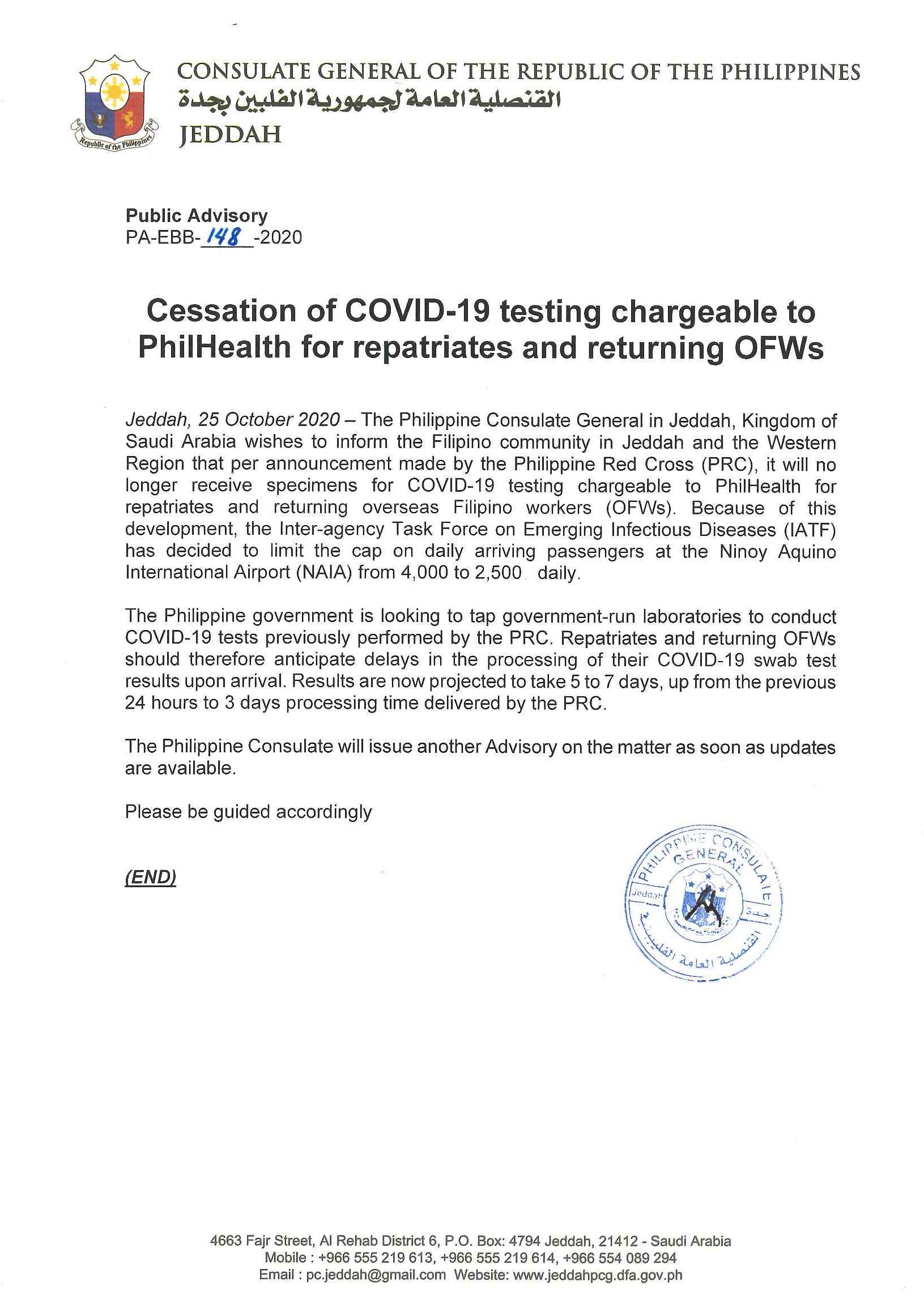 Public Advisory No. EBB 148 2020 cessation of Covid 19 testing