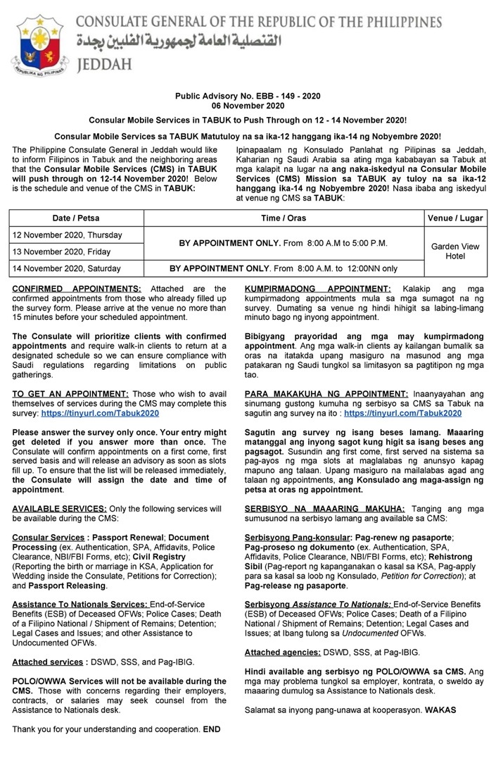 Public Advisory No. EBB 149 2020 consular mobile in tabuk