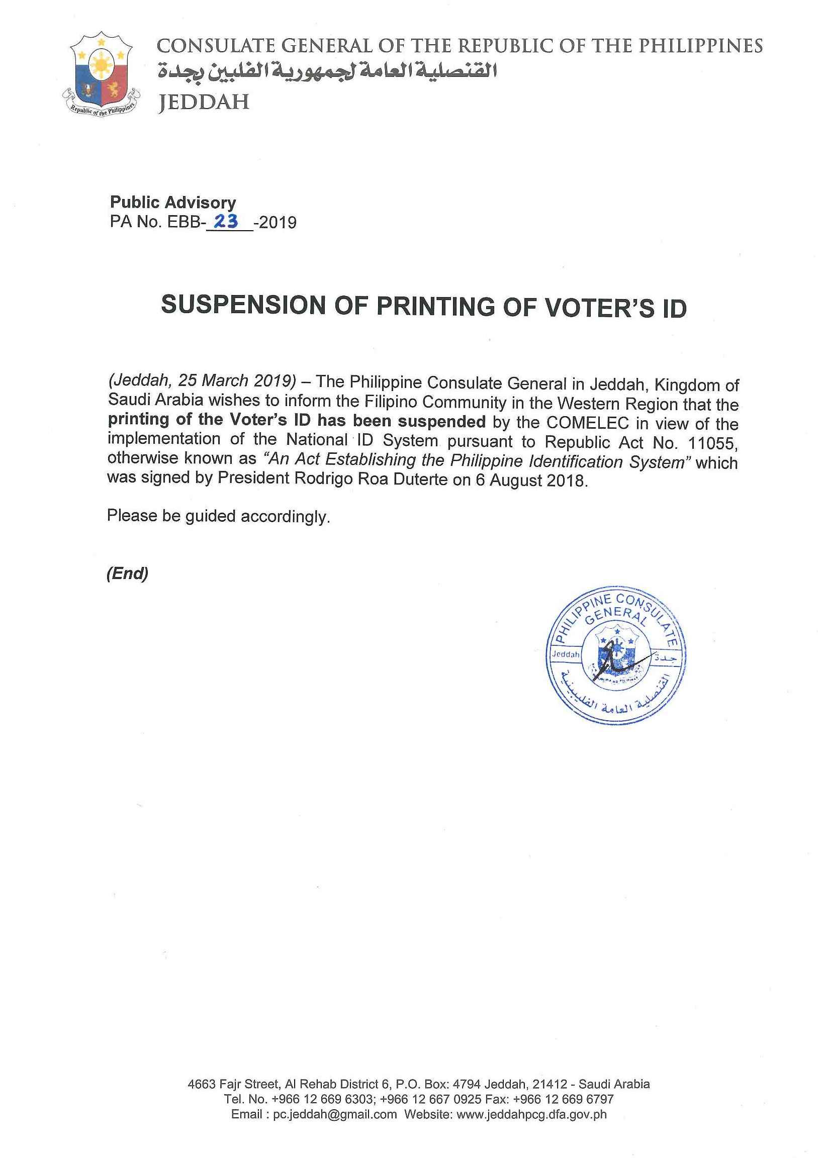 Public Advisory No. EBB 23 2019 suspension of printing of voters id