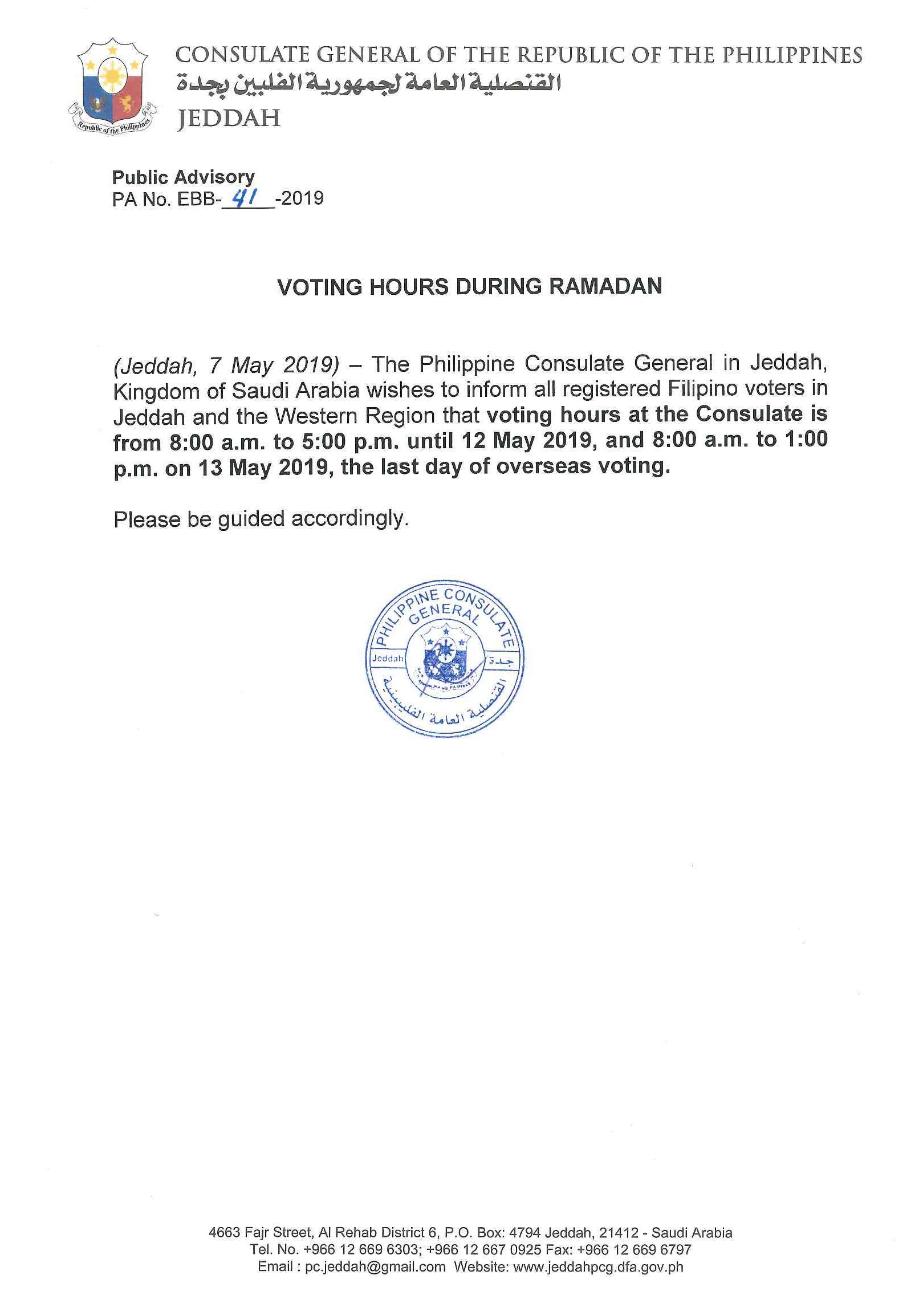 Public Advisory No. EBB 41 2019 Voting Hours during Ramadan