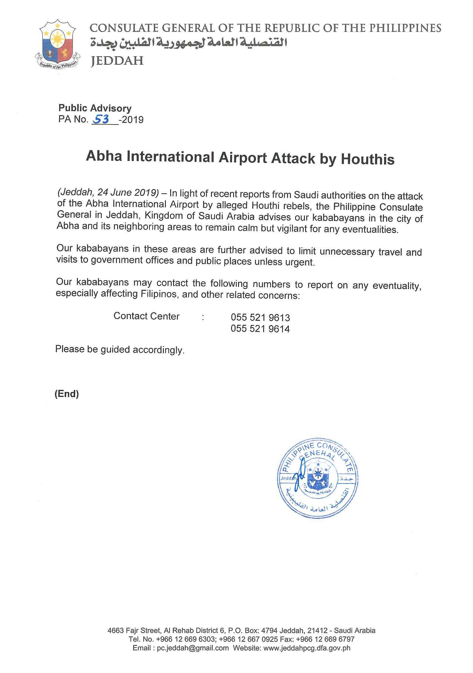 Public Advisory No. EBB 53 2019 Houthi rebels attack