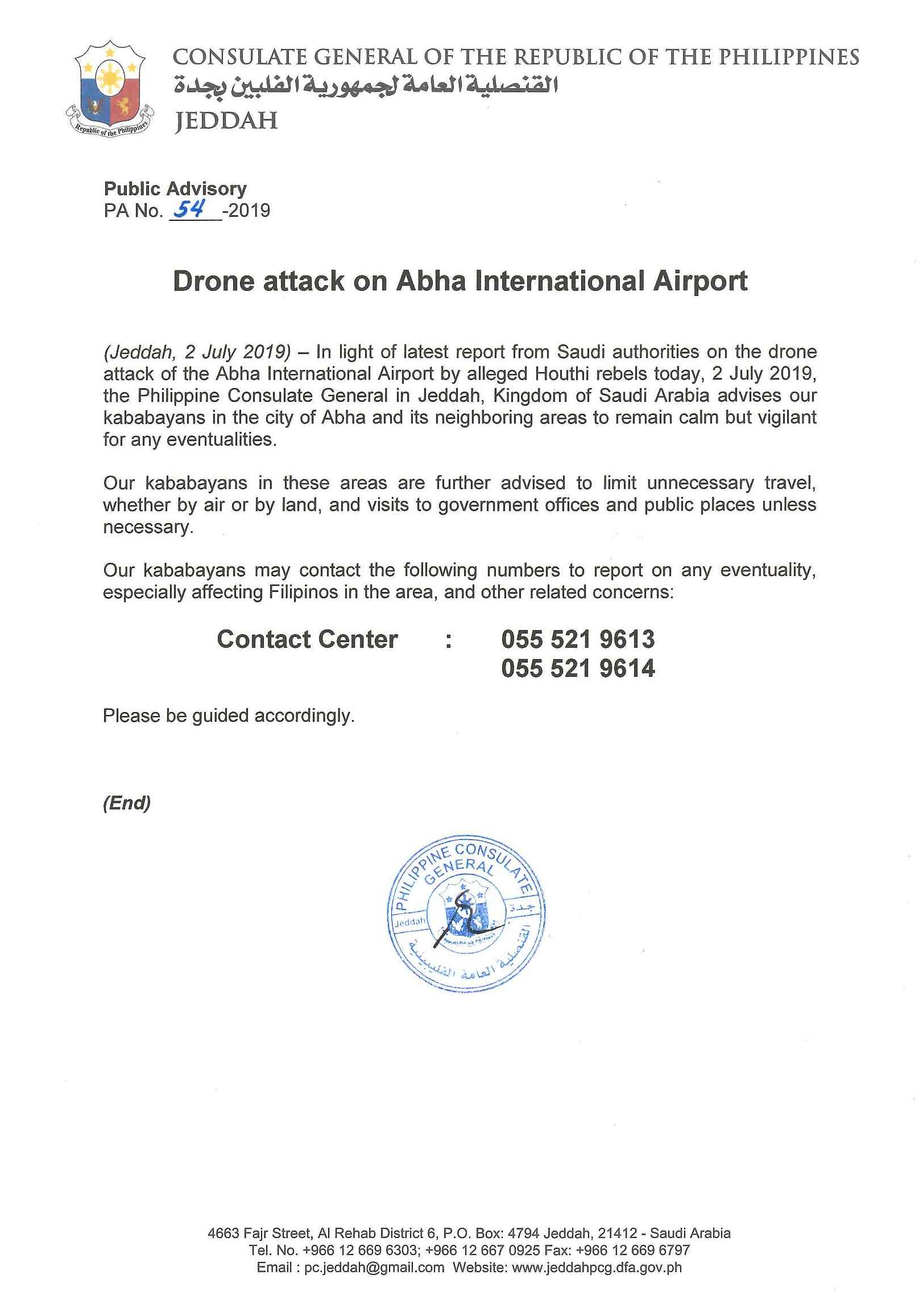 Public Advisory No. EBB 54 2019 Drone attack on Abha International airport