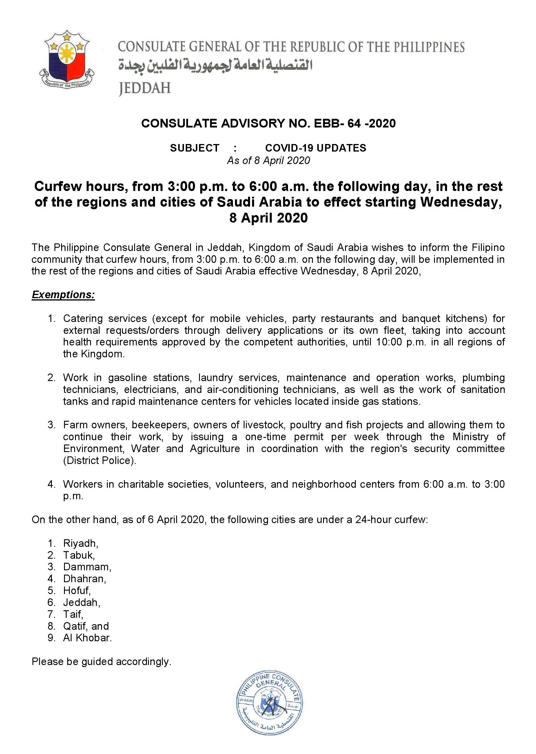 Public Advisory No. EBB 64 2020 curfew in rest of cities