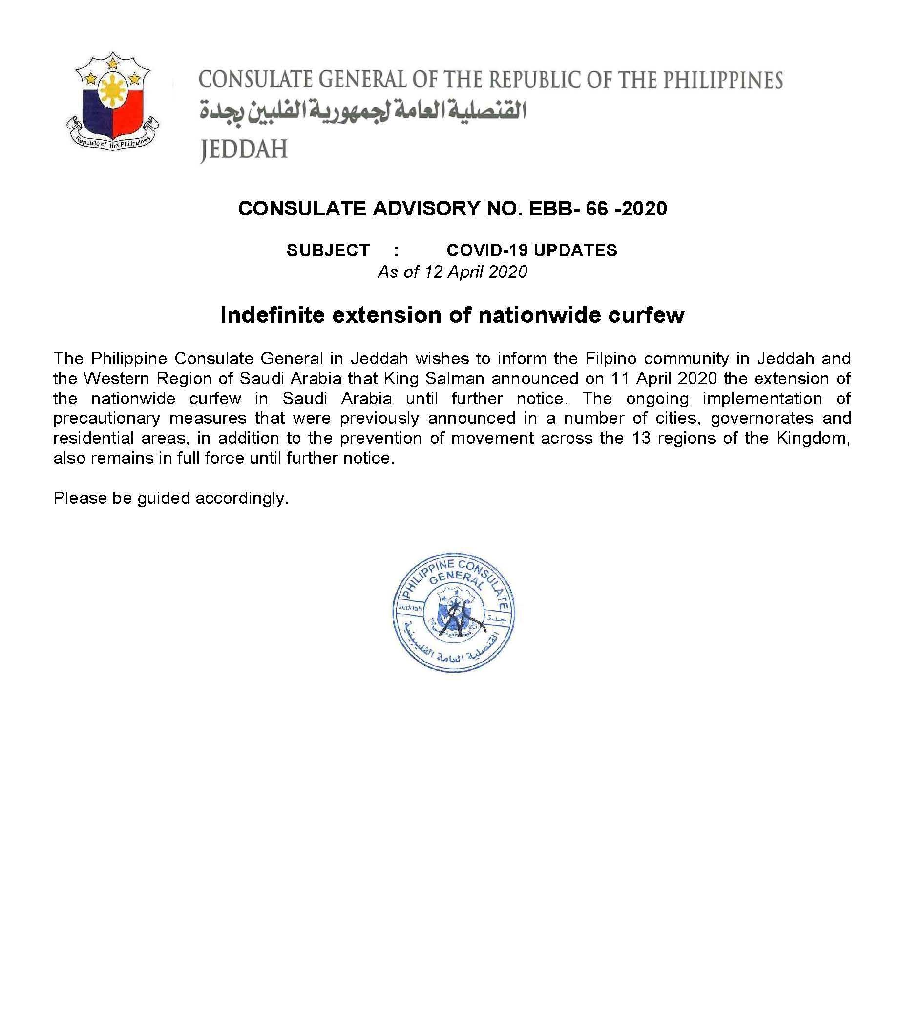 Public Advisory No. EBB 66 2020 extension of nationwide curfew