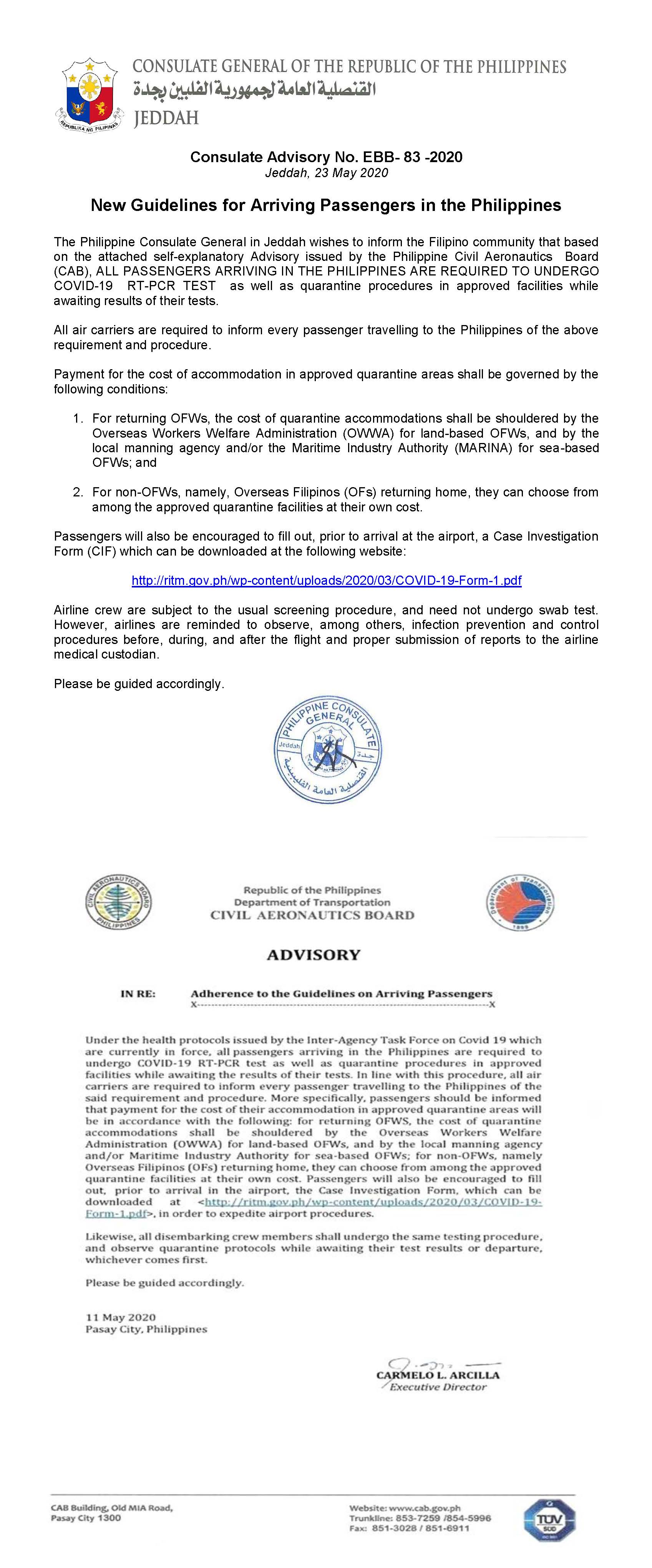 Public Advisory No. EBB 83 2020 new guidelines for arriving passengers in PH