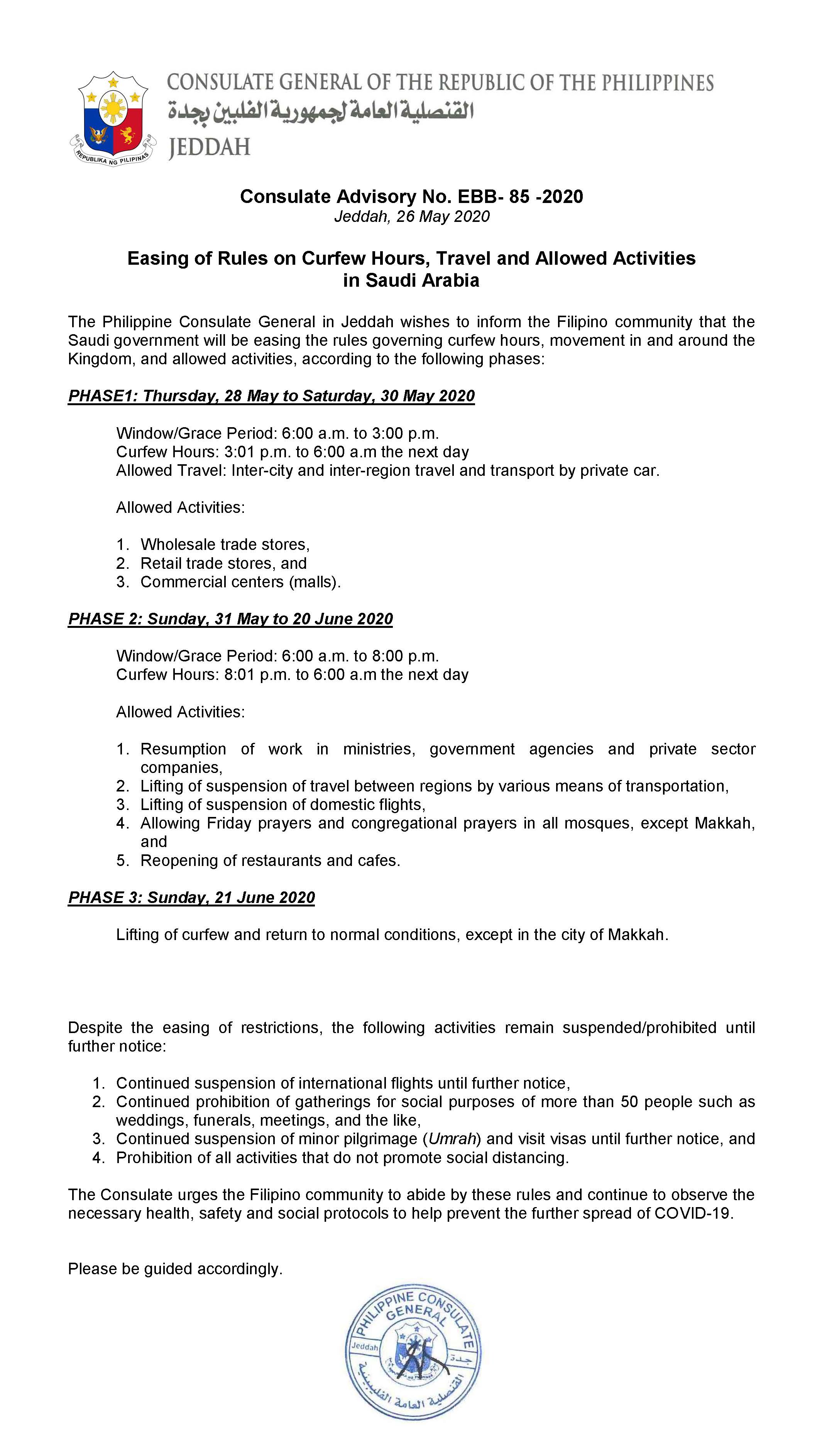 Public Advisory No. EBB 85 2020 Easing of rules on curfews