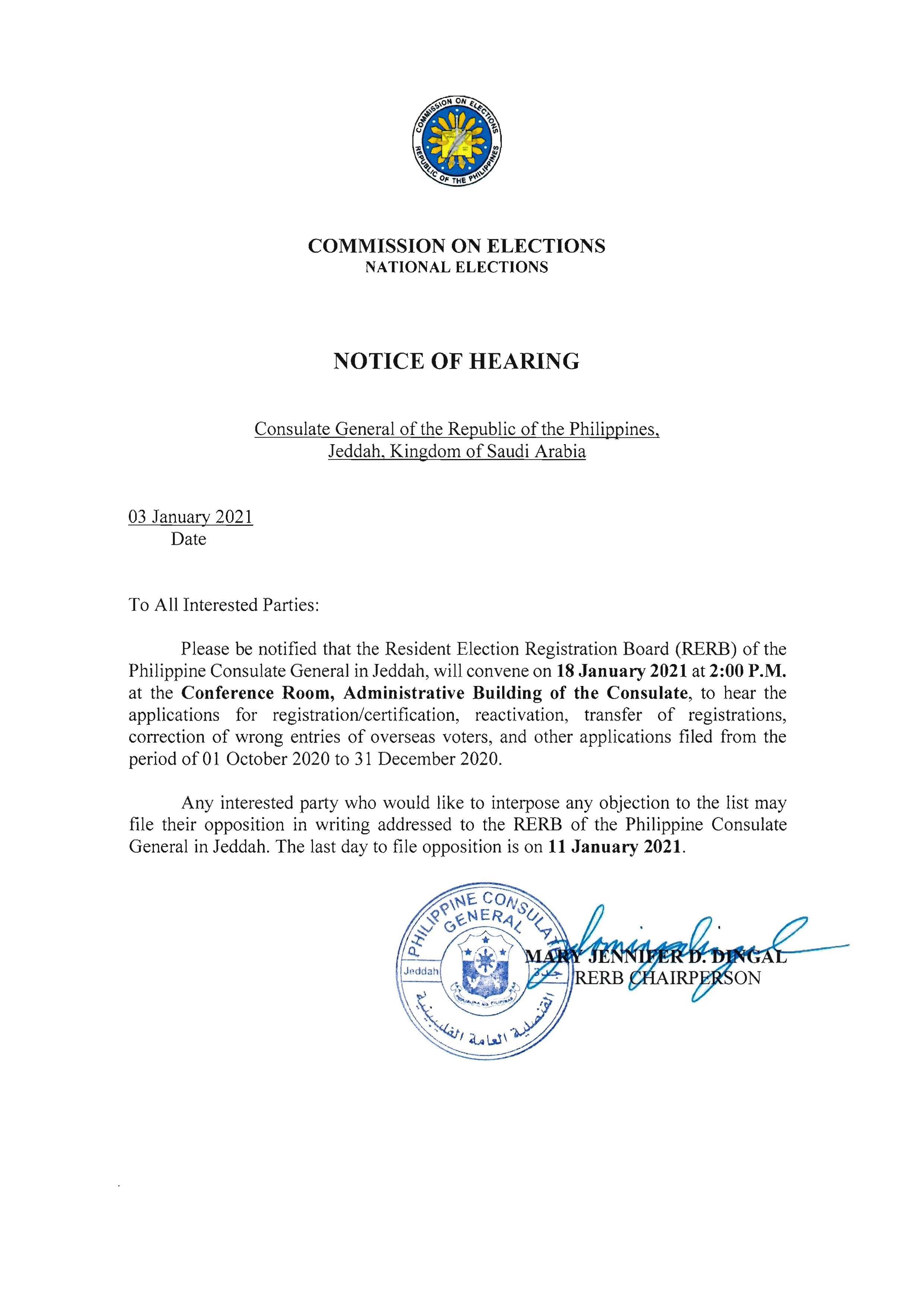 Notice of Hearing 18 January 2021