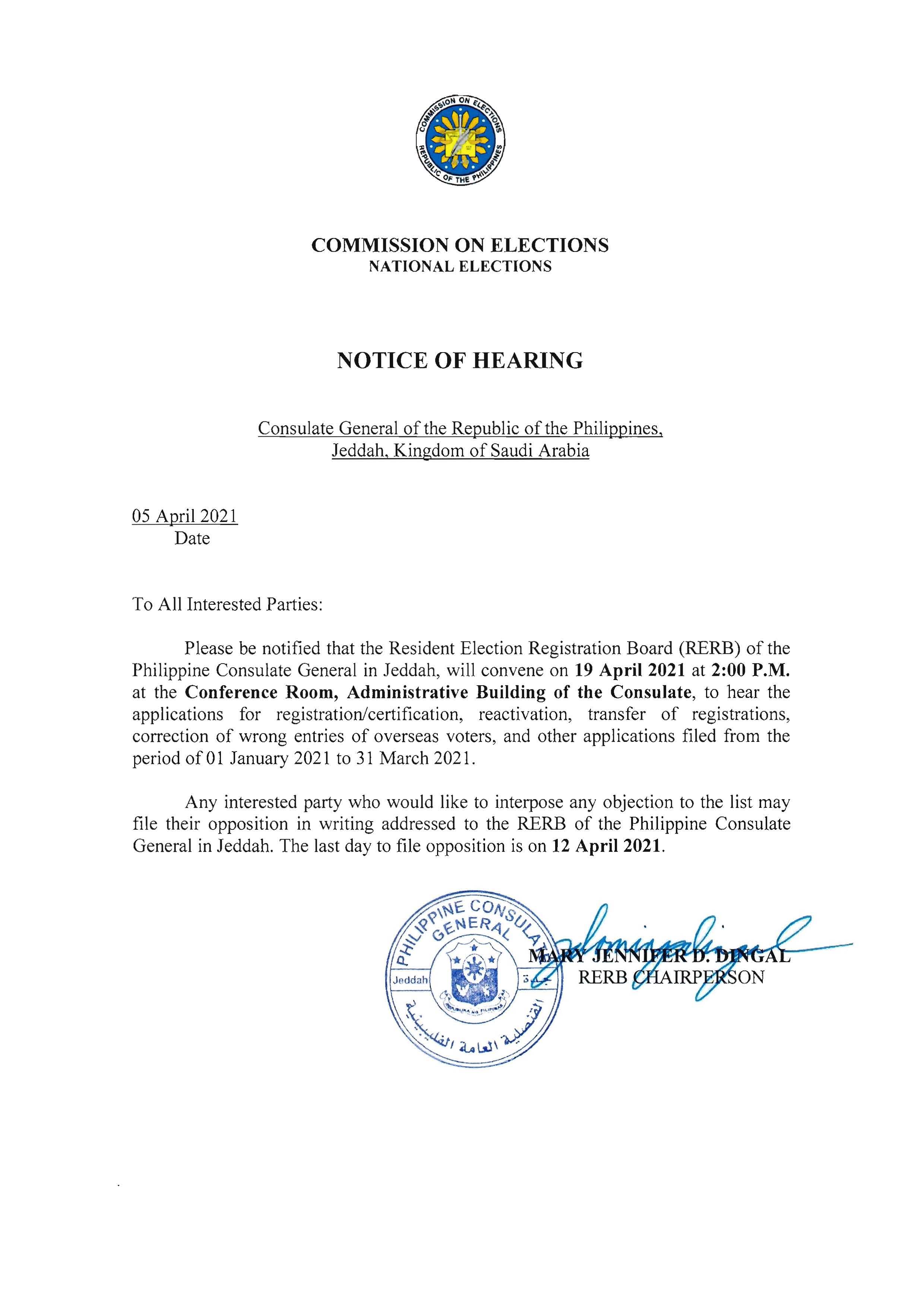 Notice of Hearing 19 April 2021