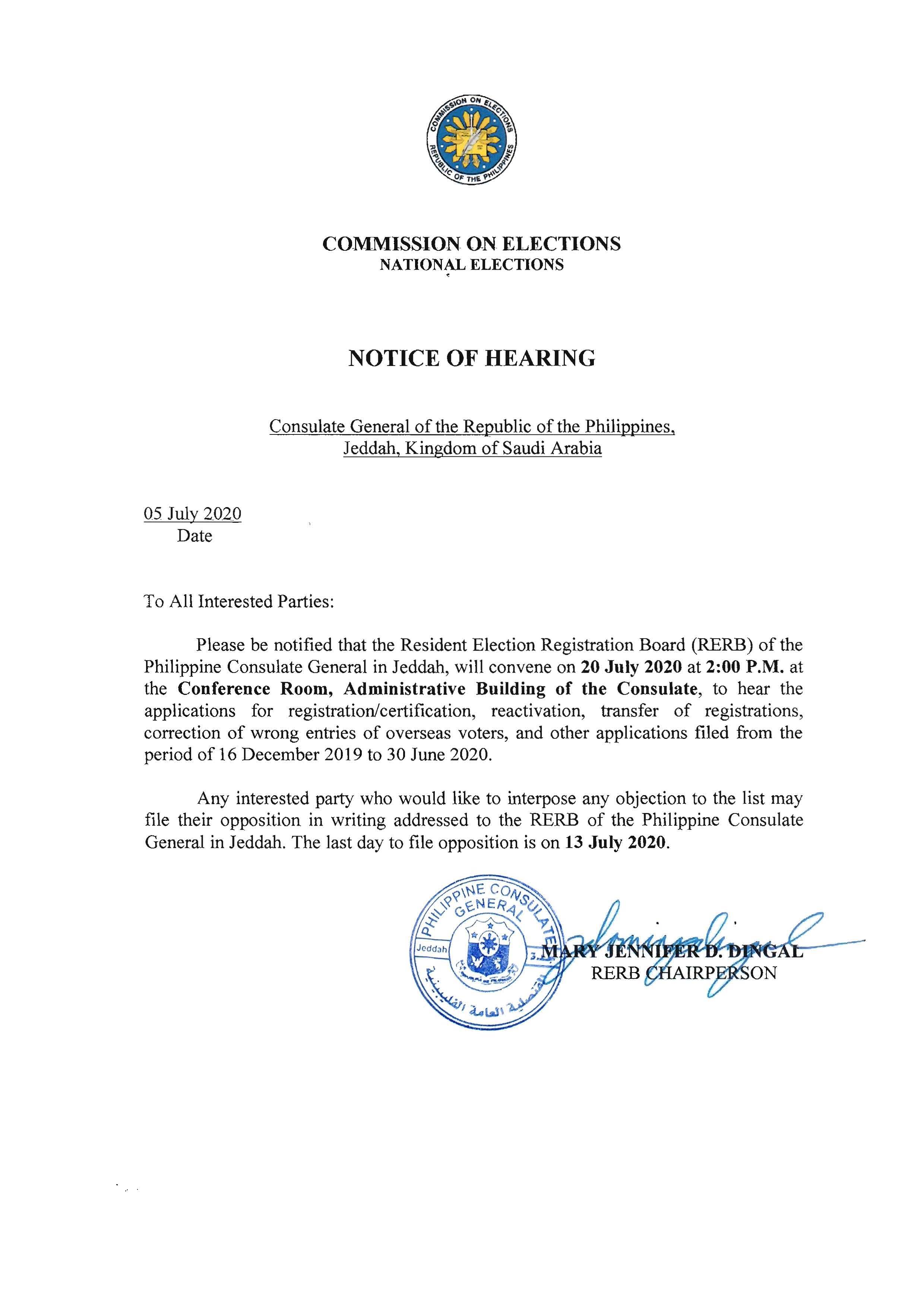 Notice of Hearing