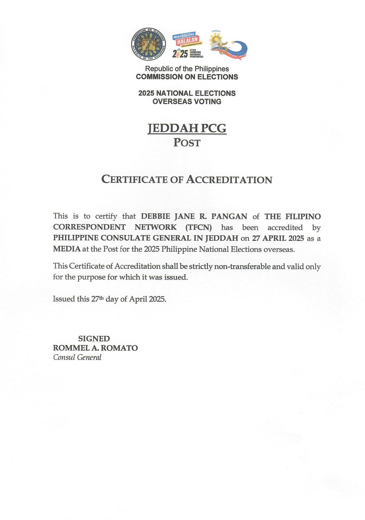 Notice on Accreditation of Media Entity for the 2025 National Elections Overseas Voting