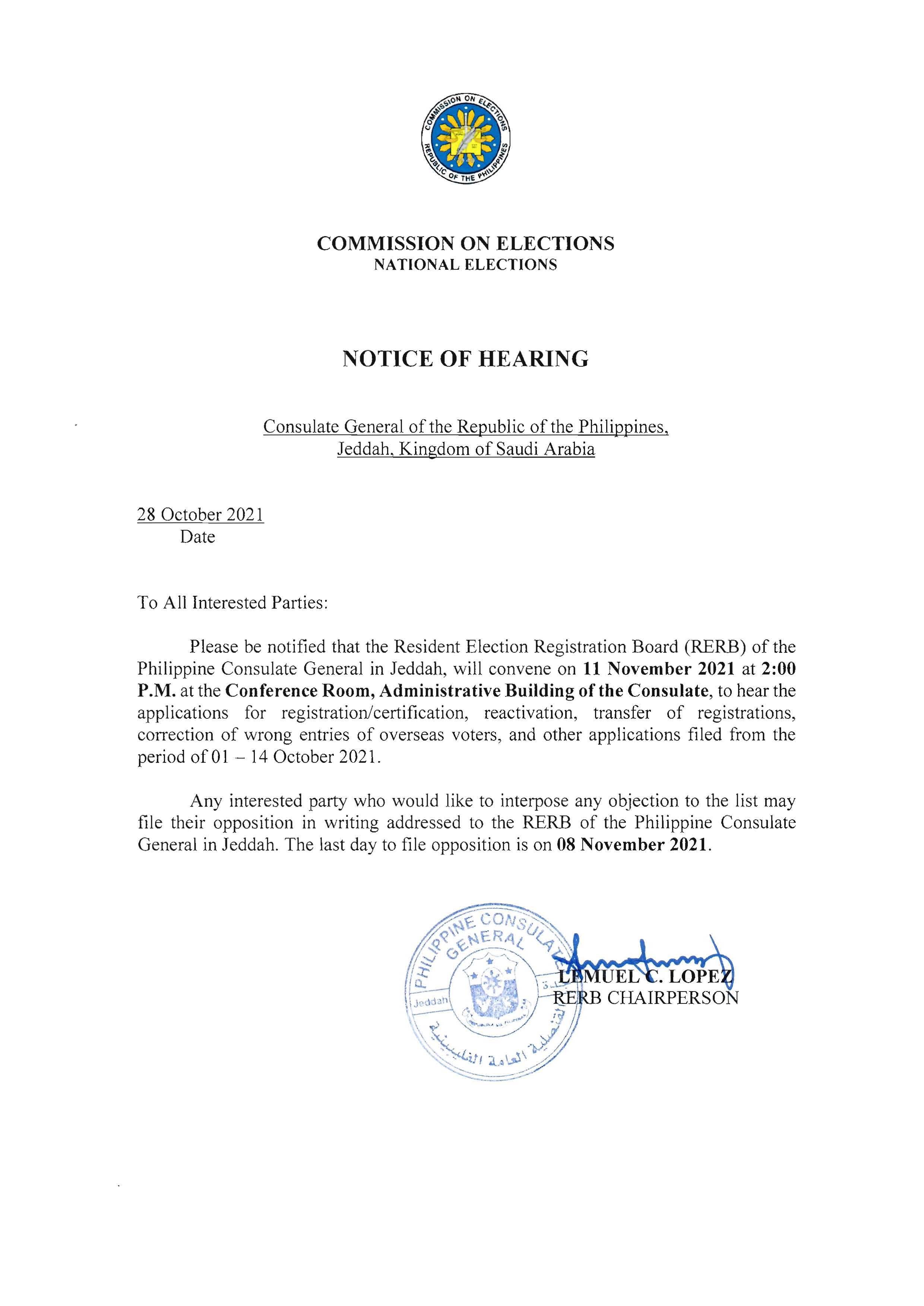 Notice of Hearing 11 November 2021