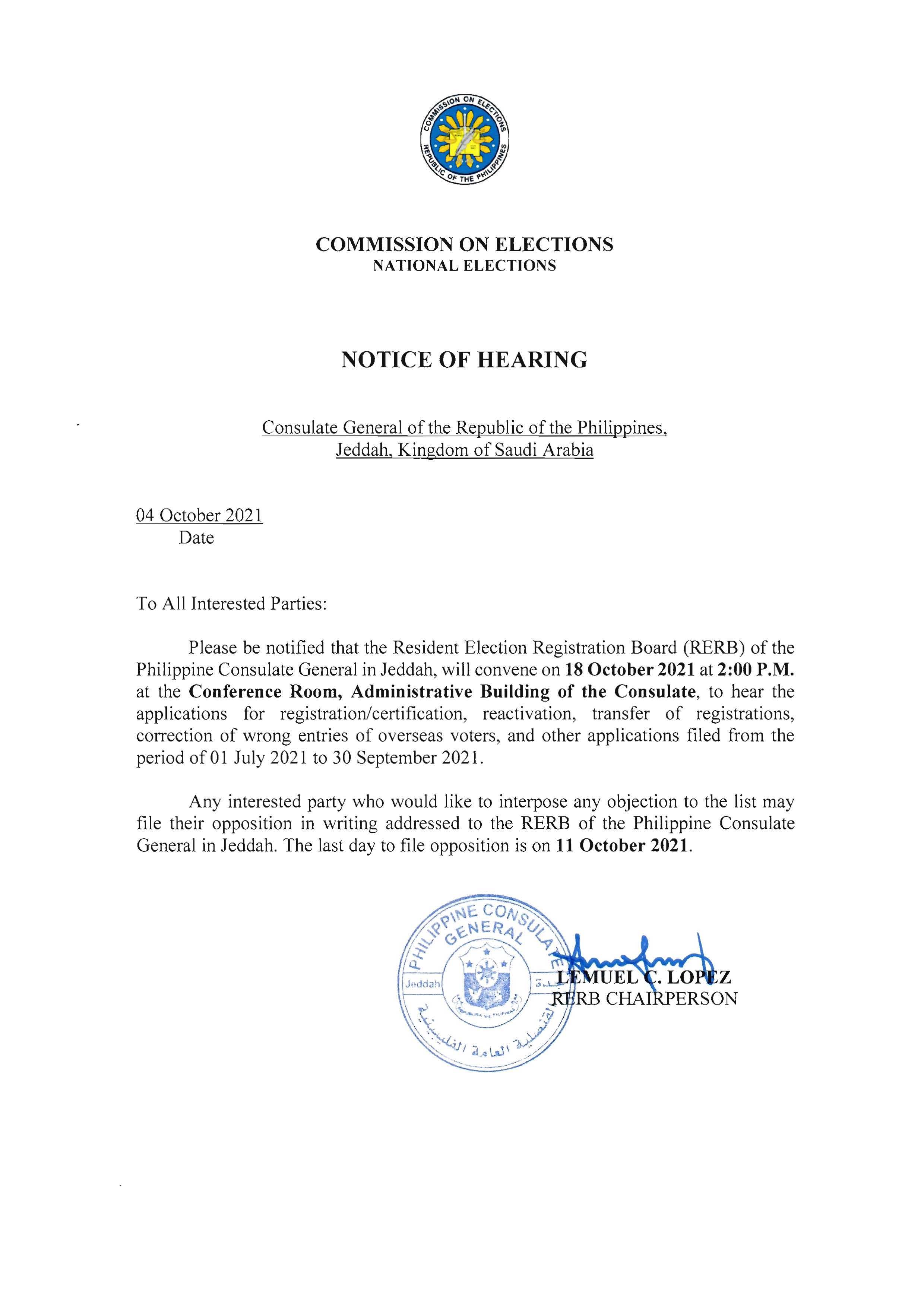 Notice of Hearing 18 October 2021