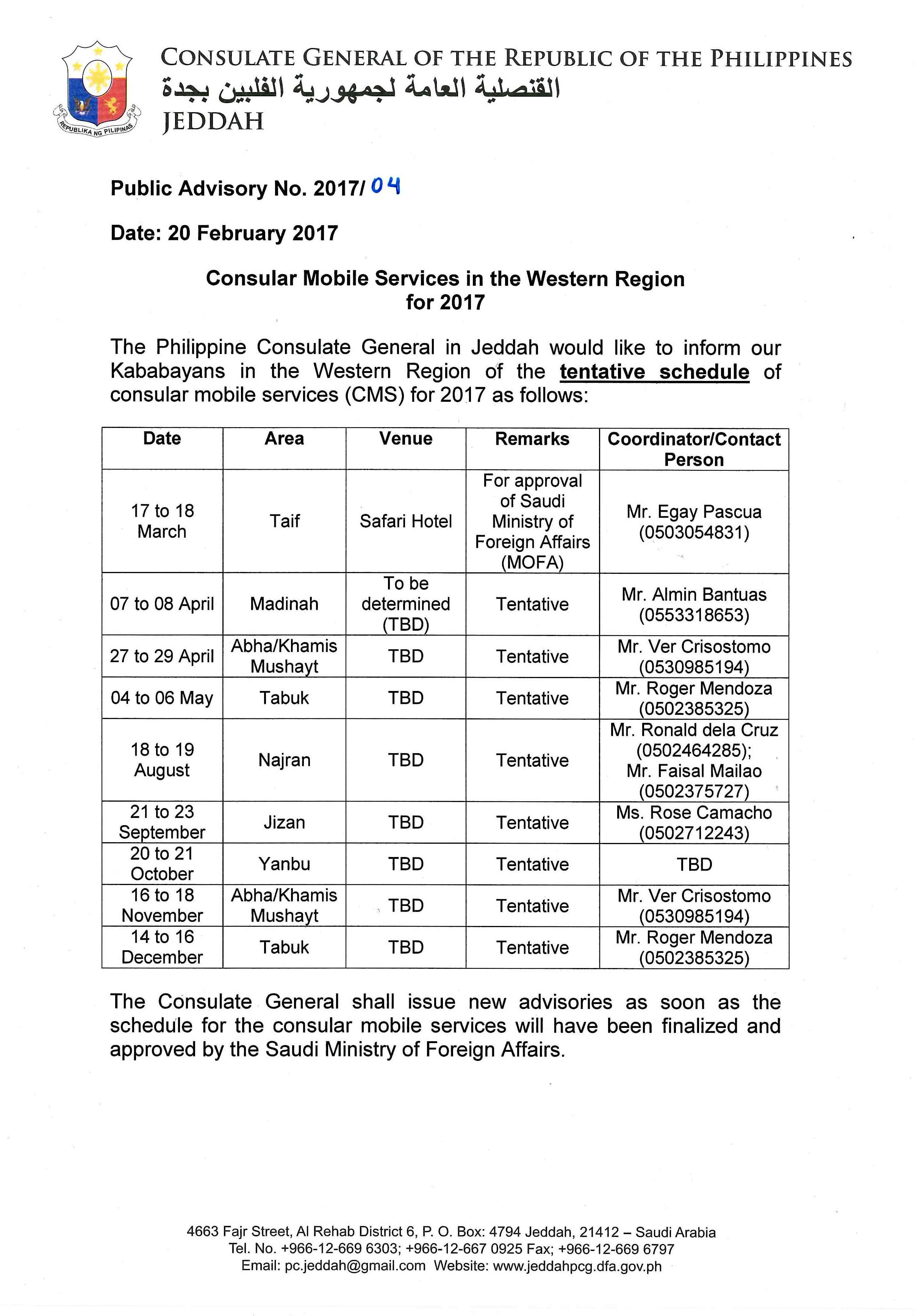 Public Advisory No. 04 2017 Consular Mobile Services in the Western Region for 2017 Page 1