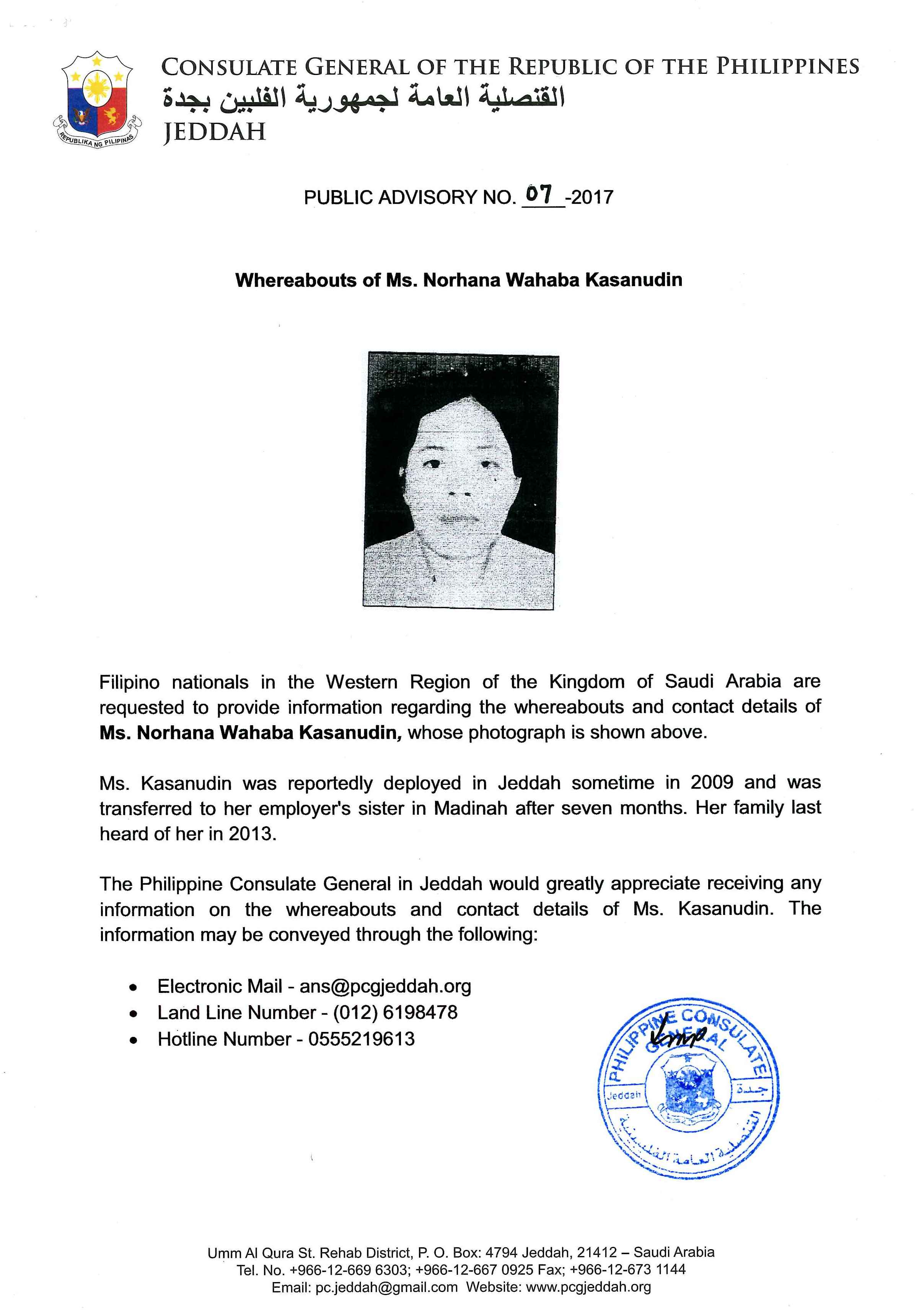 Public Advisory No. 07 2017 whereabouts of ms norhana wahaba kasanudin