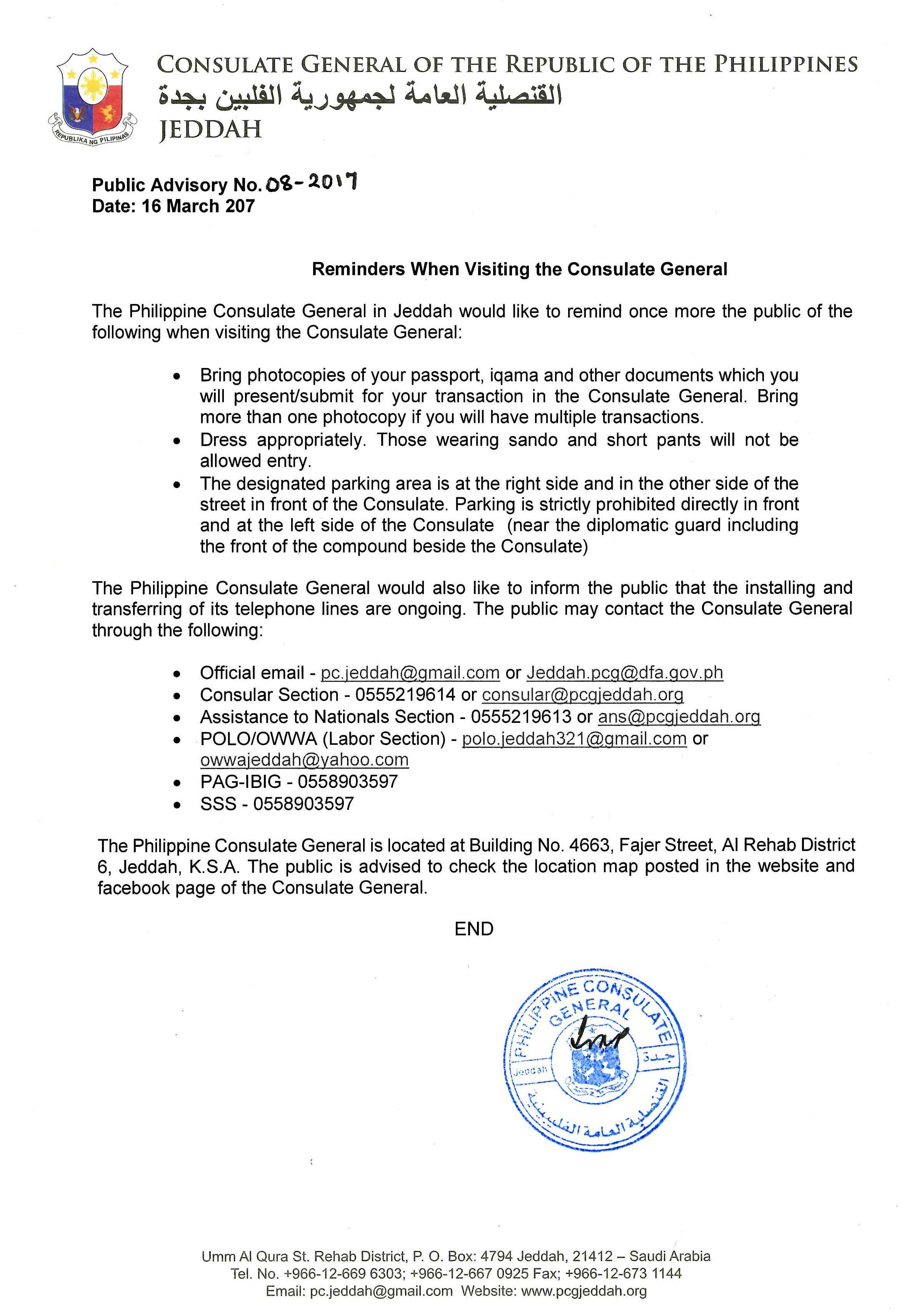 Public Advisory No. 08 2017 reminders when visiting the Consulate General Page 1