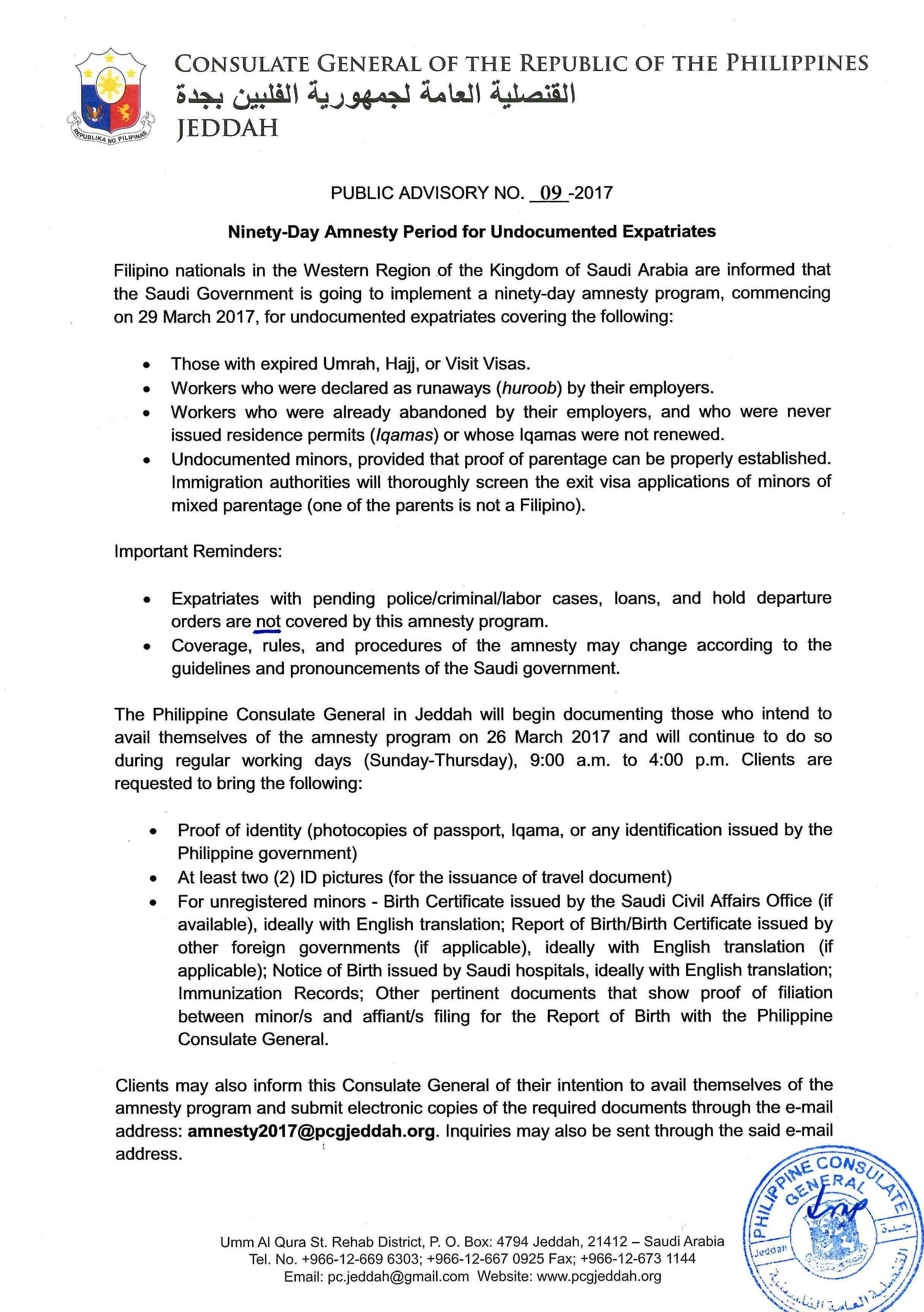 Public Advisory No. 09 2017 Ninety Day Amnesty Period for Undocumented Expatriates Page 1