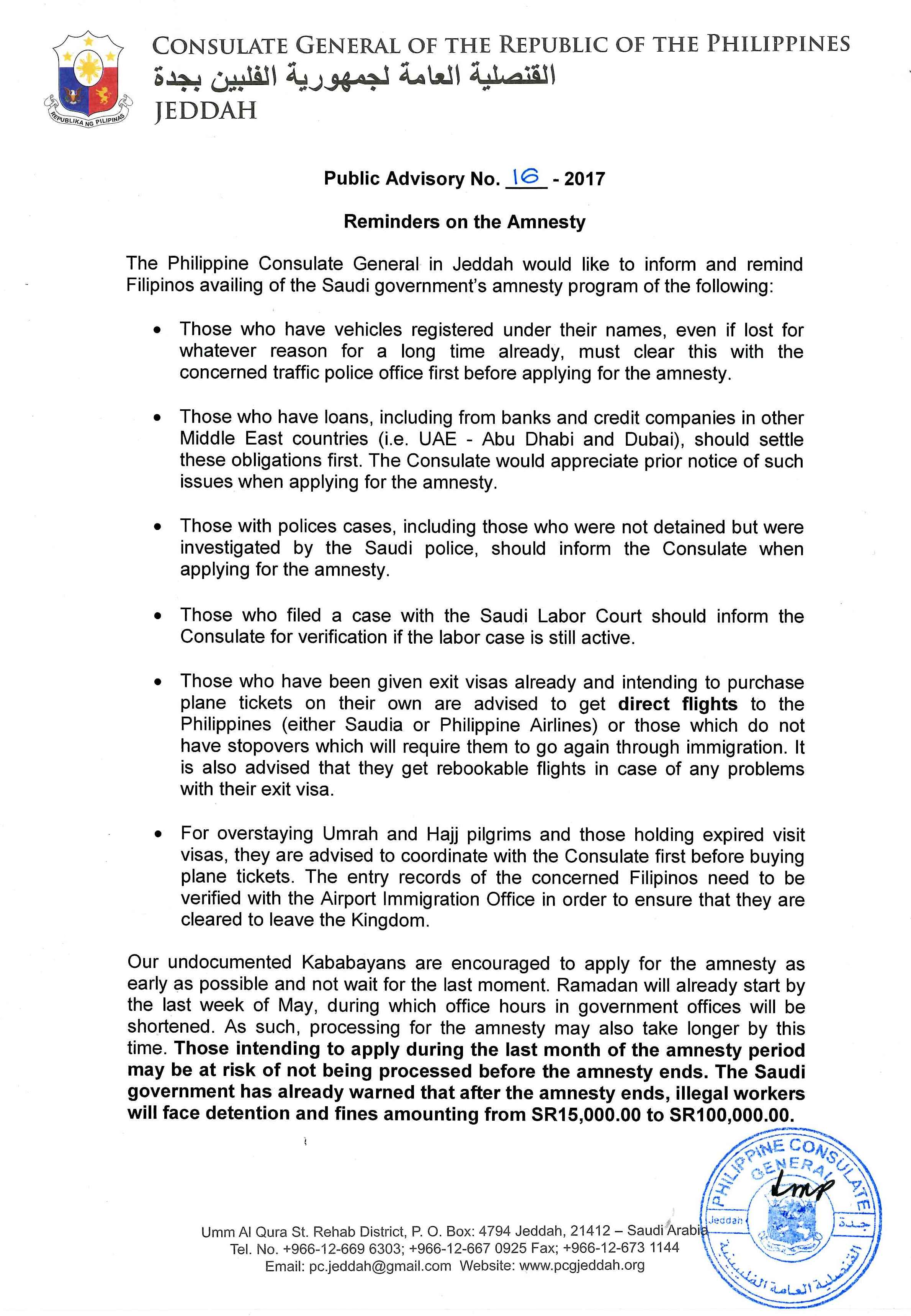 Public Advisory No. 16 2017 Reminders on the Amnesty Page 1