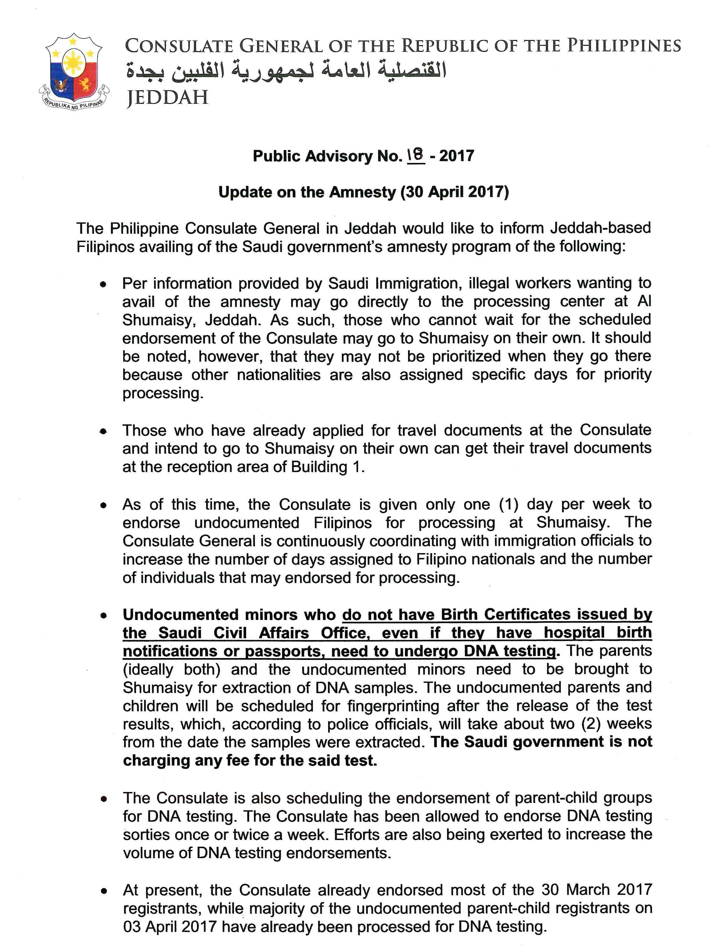 Public Advisory No. 18 2017 Update on the Amnesty 30 April 2017 Page 1