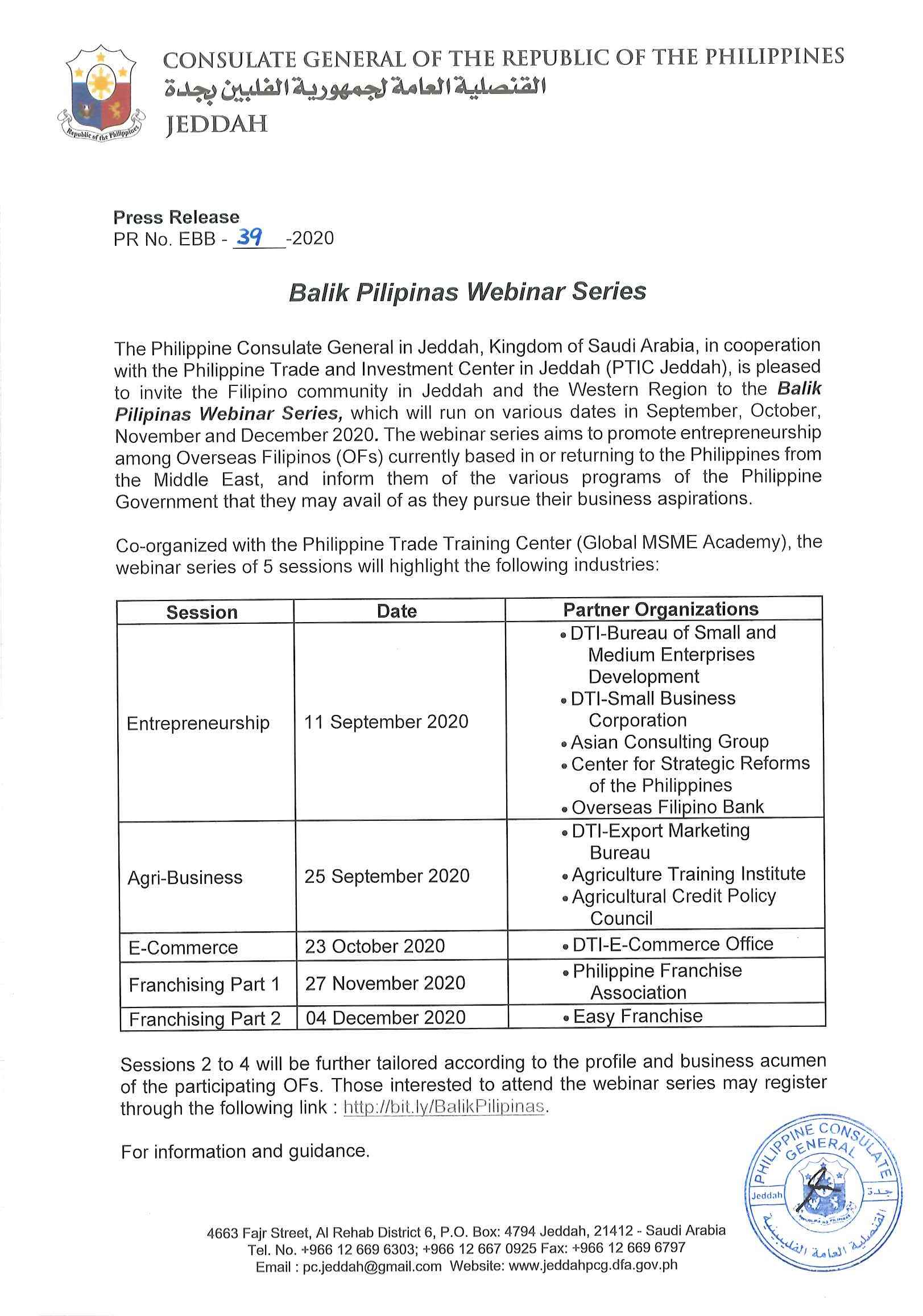 Press Release No. EBB 39 2020 Balik Pilipinas Webinar Series